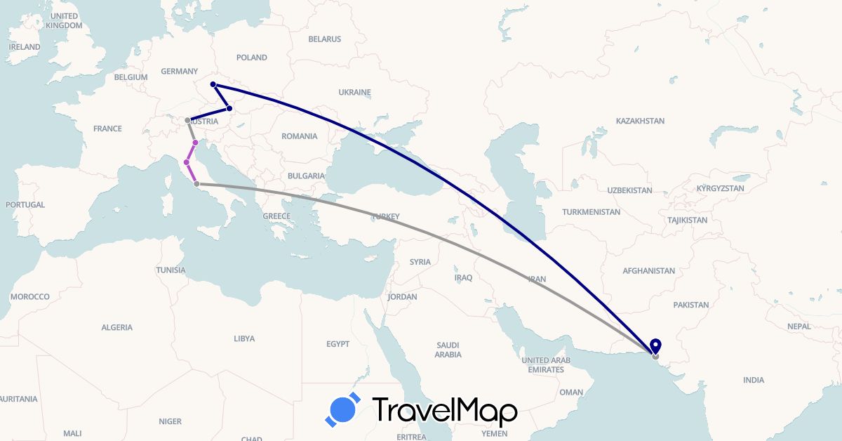 TravelMap itinerary: driving, plane, train in Austria, Czech Republic, Germany, Italy, Pakistan (Asia, Europe)